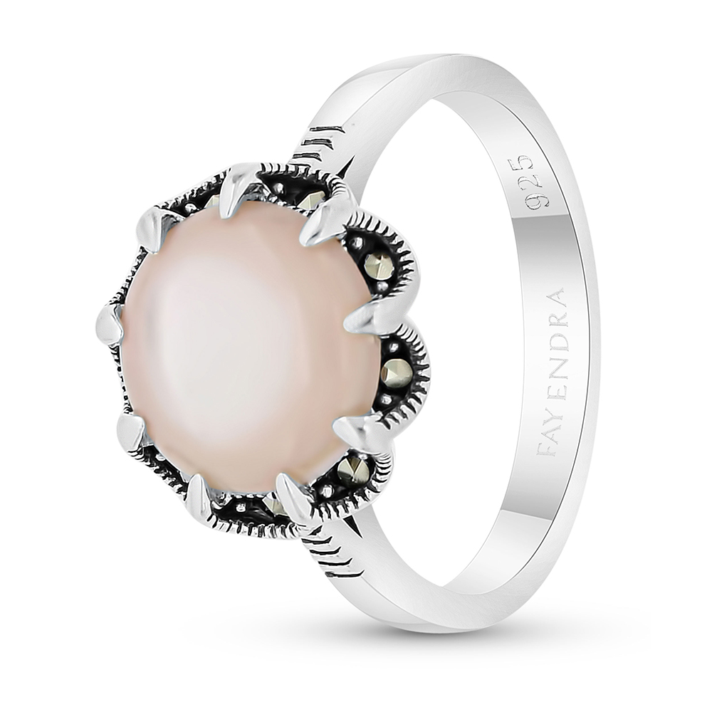 Sterling Silver 925 Ring Embedded With Natural Pink Shell And Marcasite Stones