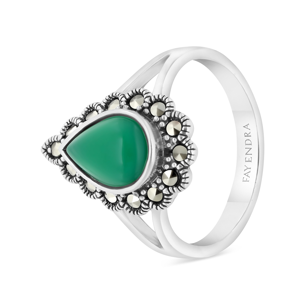 Sterling Silver 925 Ring Embedded With Natural Green Agate And Marcasite Stones