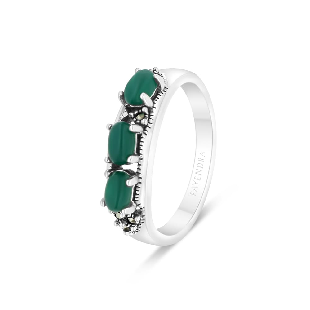 Sterling Silver 925 Ring Embedded With Natural Green Agate And Marcasite Stones