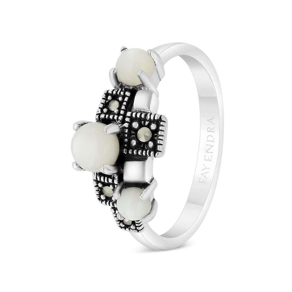 Sterling Silver 925 Ring Embedded With Natural White Shell And Marcasite Stones