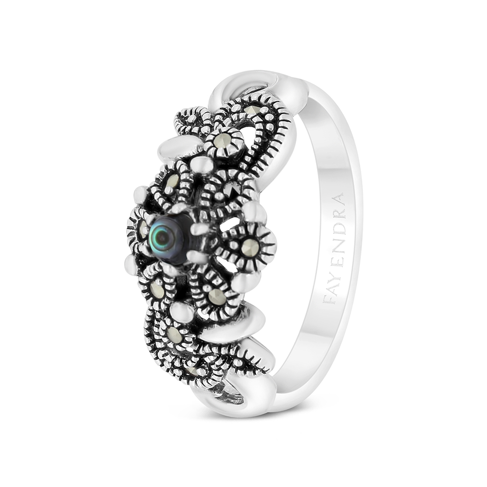 Sterling Silver 925 Ring Embedded With Natural Blue Shell And Marcasite Stones