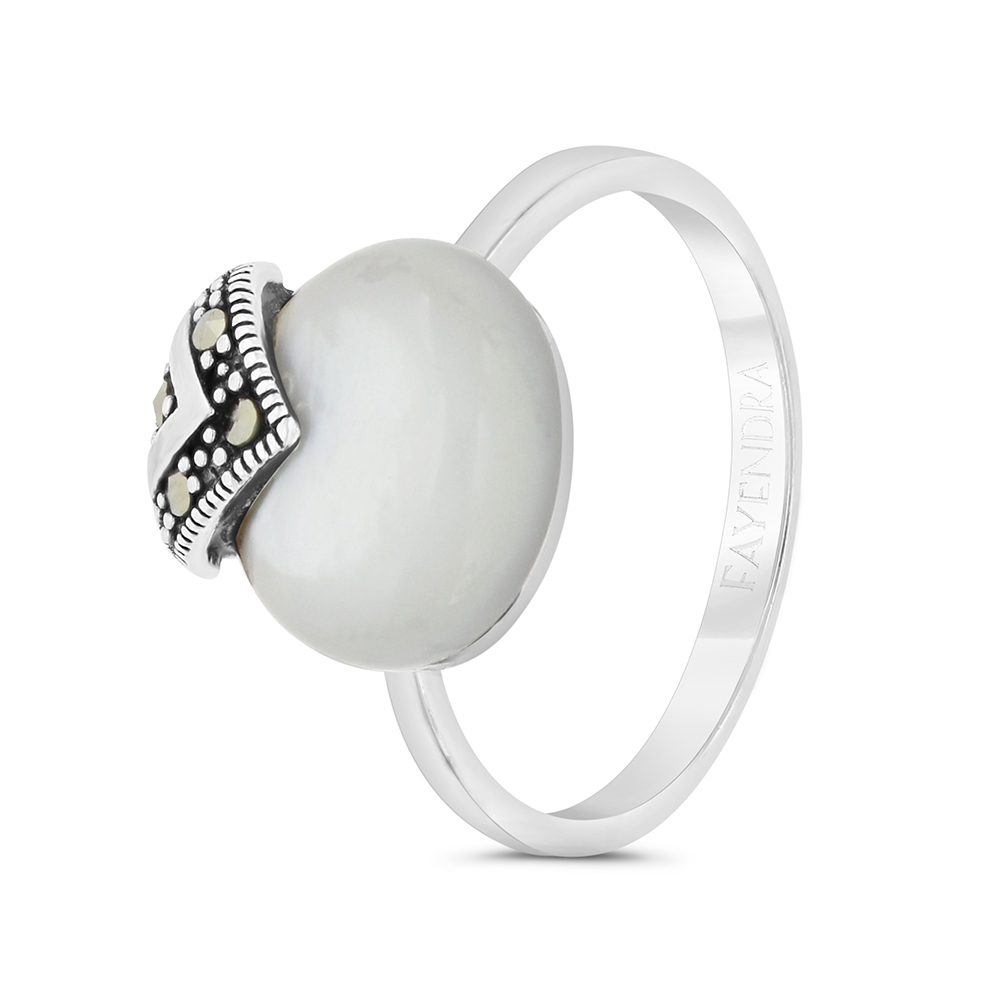 Sterling Silver 925 Ring Embedded With Natural White Shell And Marcasite Stones