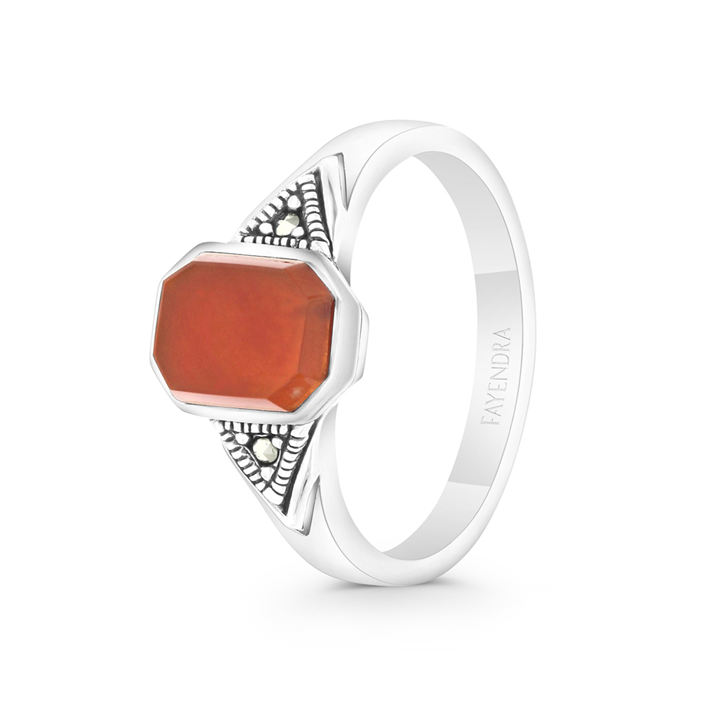 Sterling Silver 925 Ring Embedded With Natural Aqiq And Marcasite Stones