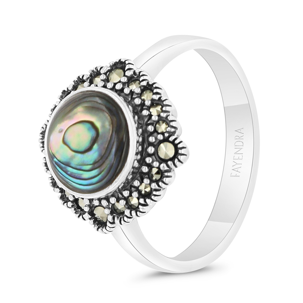 Sterling Silver 925 Ring Embedded With Natural Blue Shell And Marcasite Stones