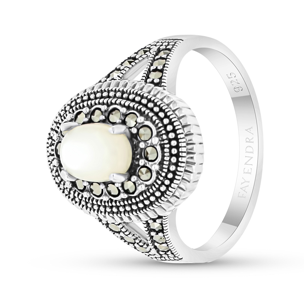 Sterling Silver 925 Ring Embedded With Natural White Shell And Marcasite Stones