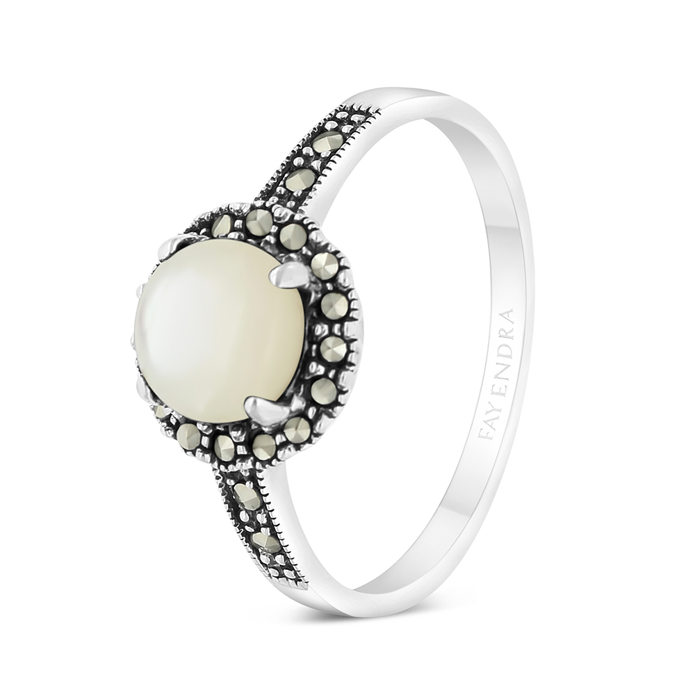 Sterling Silver 925 Ring Embedded With Natural White Shell And Marcasite Stones