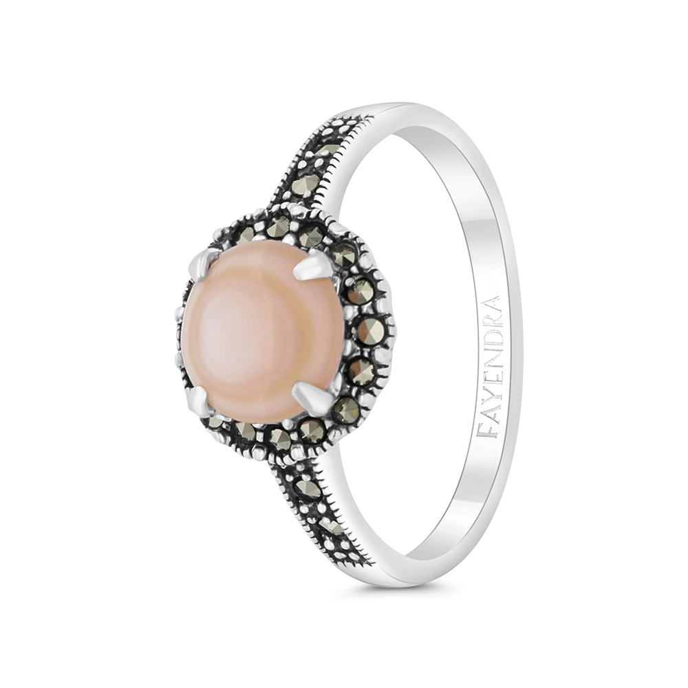 Sterling Silver 925 Ring Embedded With Natural Pink Shell And Marcasite Stones