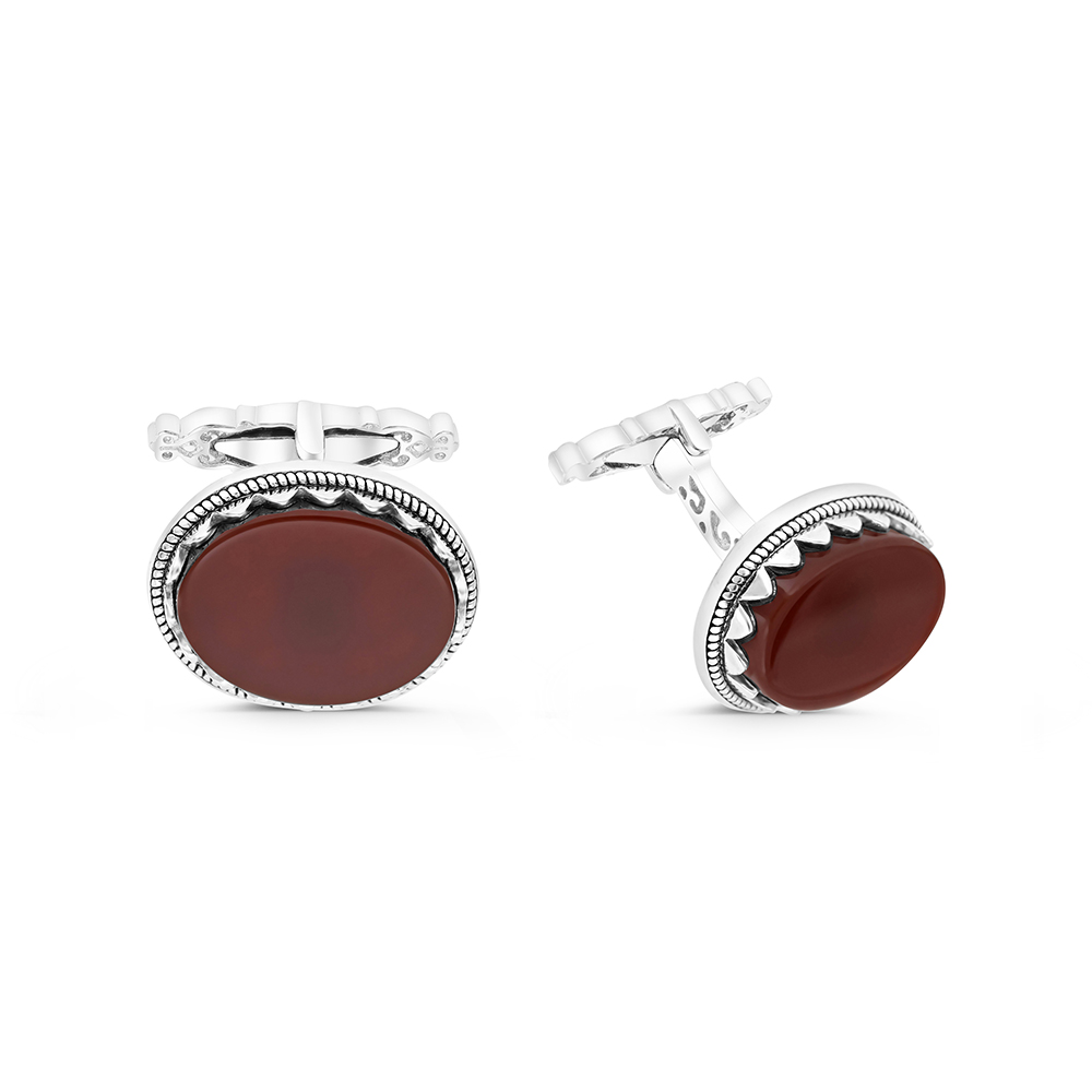 Sterling Silver 925 Cufflink Rhodium And Black Plated Embedded With Red Agate