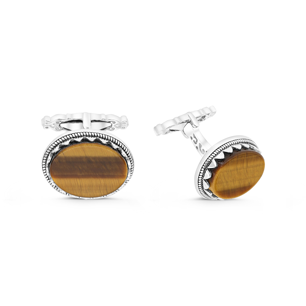 Sterling Silver 925 Cufflink Rhodium And Black Plated Embedded With Yellow Tiger Eye