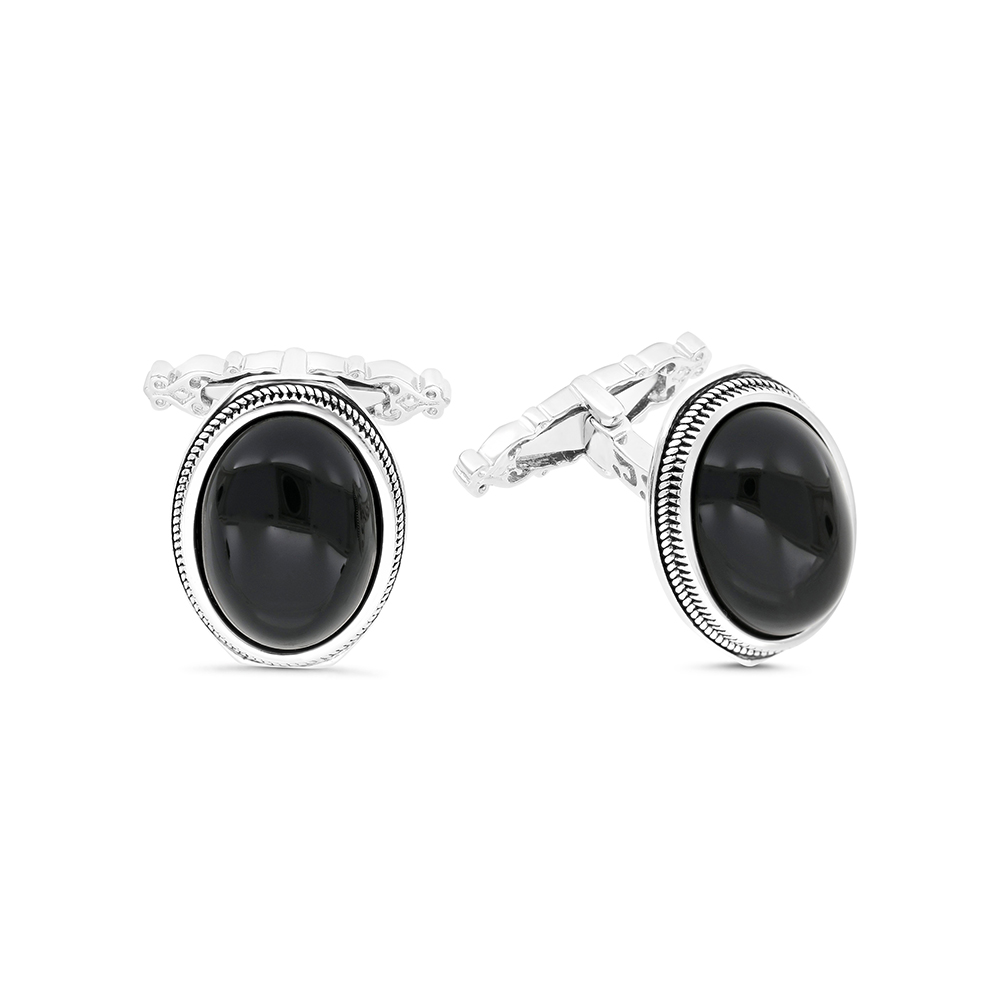 Sterling Silver 925 Cufflink Rhodium And Black Plated Embedded With Black Agate