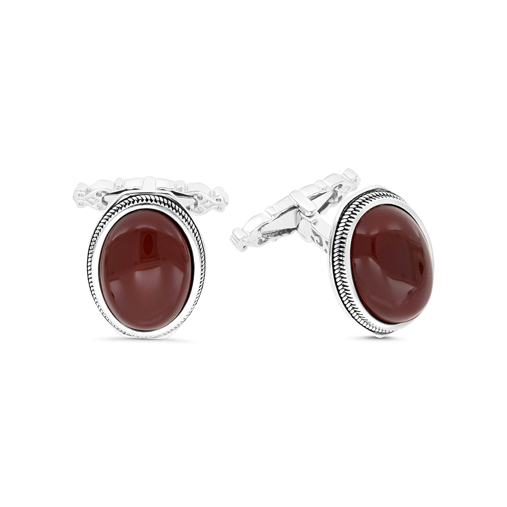 Sterling Silver 925 Cufflink Rhodium And Black Plated Embedded With Red Agate