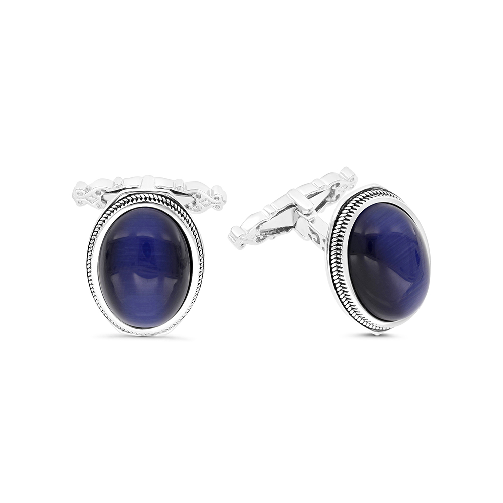 Sterling Silver 925 Cufflink Rhodium And Black Plated Embedded With Blue Tiger Eye