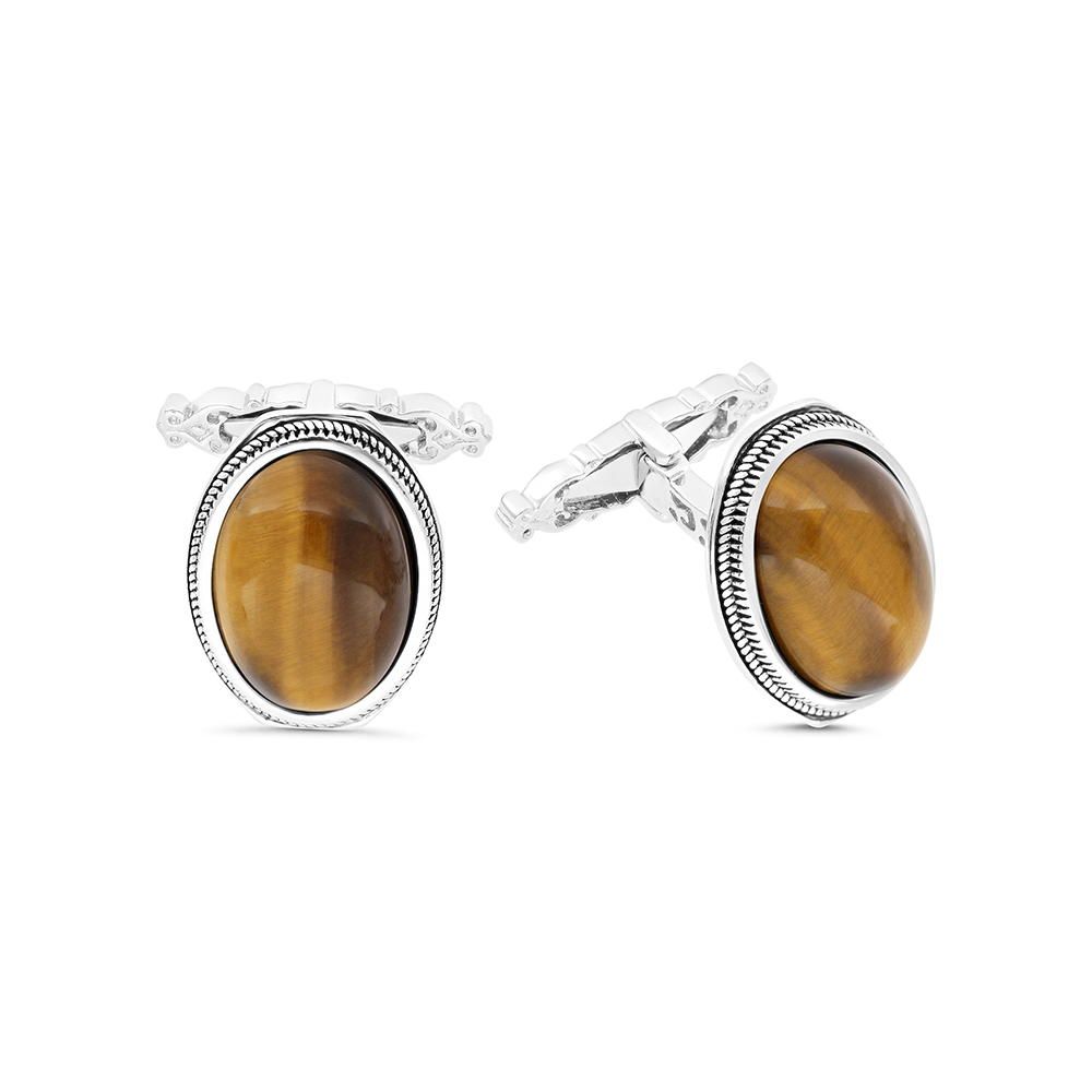 Sterling Silver 925 Cufflink Rhodium And Black Plated Embedded With Yellow Tiger Eye