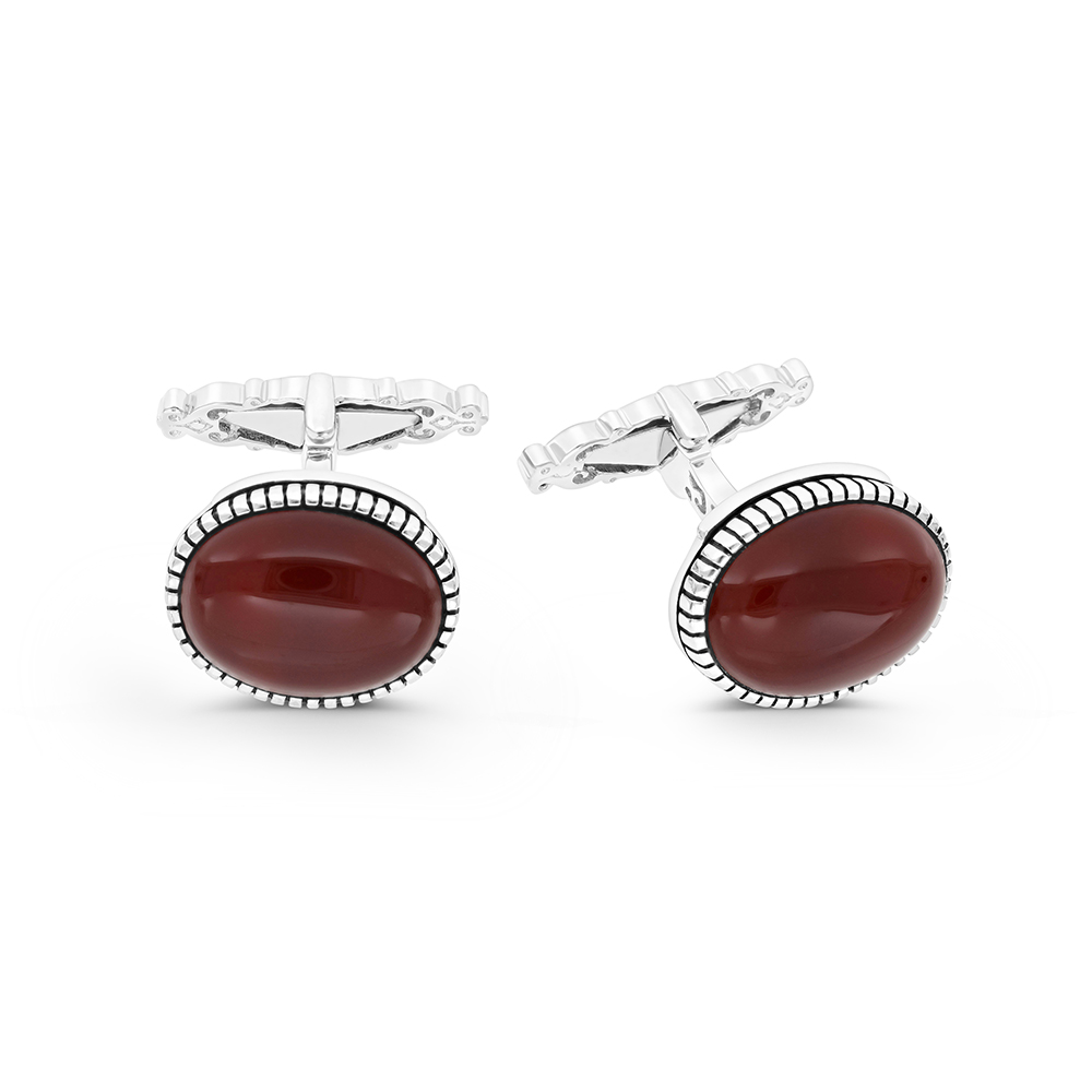 Sterling Silver 925 Cufflink Rhodium And Black Plated Embedded With Red Agate