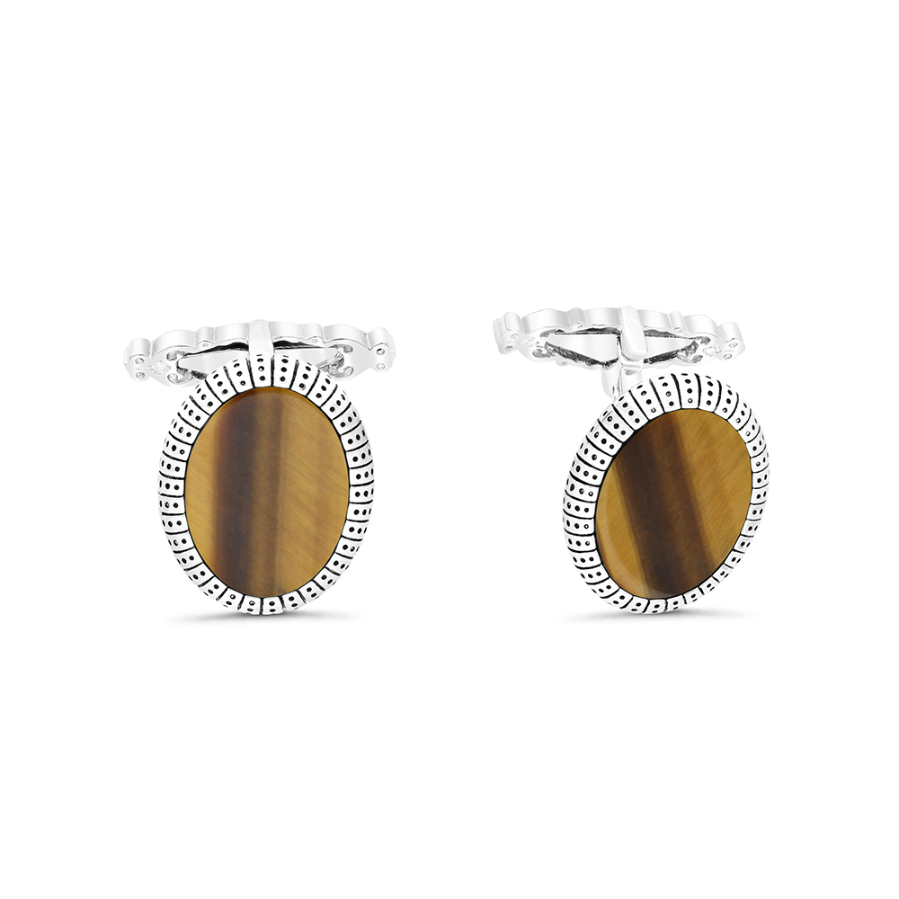 Sterling Silver 925 Cufflink Rhodium And Black Plated Embedded With Yellow Tiger Eye