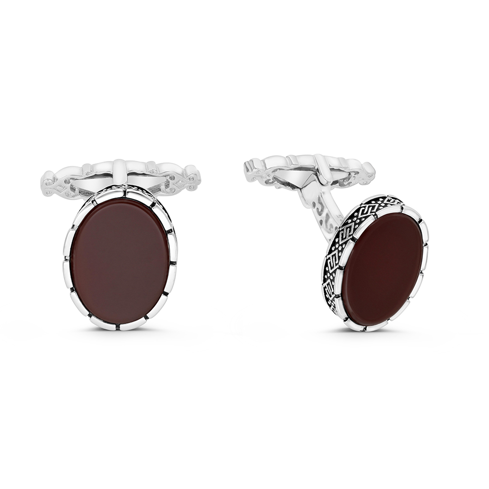 Sterling Silver 925 Cufflink Rhodium And Black Plated Embedded With Red Agate