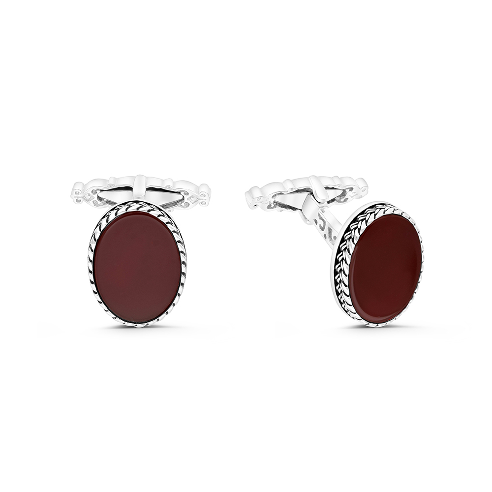 Sterling Silver 925 Cufflink Rhodium And Black Plated Embedded With Red Agate