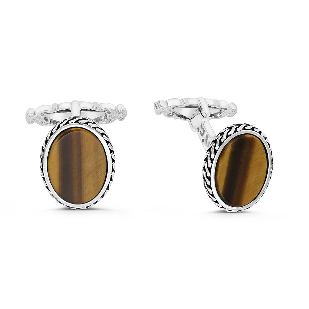 Sterling Silver 925 Cufflink Rhodium And Black Plated Embedded With Yellow Tiger Eye