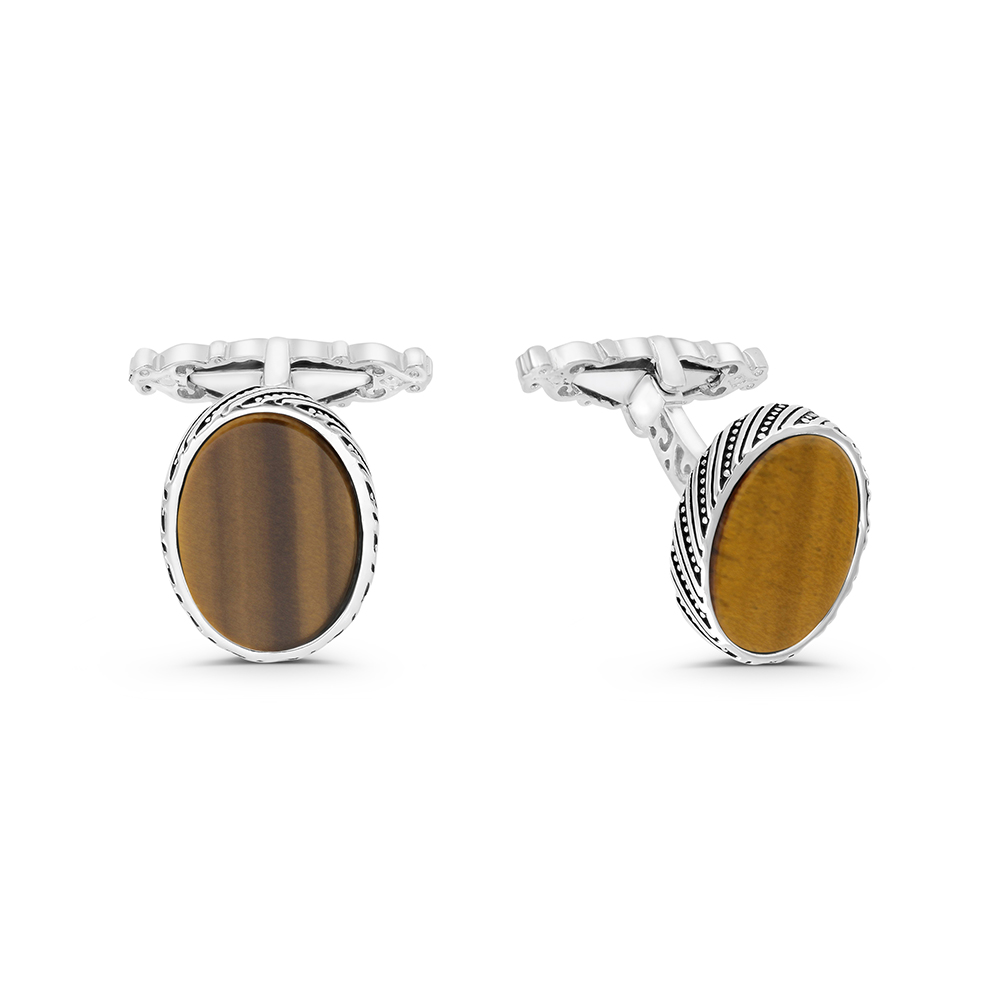 Sterling Silver 925 Cufflink Rhodium And Black Plated Embedded With Yellow Tiger Eye