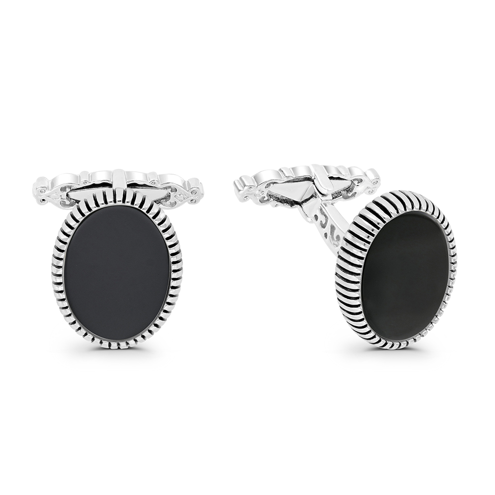 Sterling Silver 925 Cufflink Rhodium And Black Plated Embedded With Black Agate