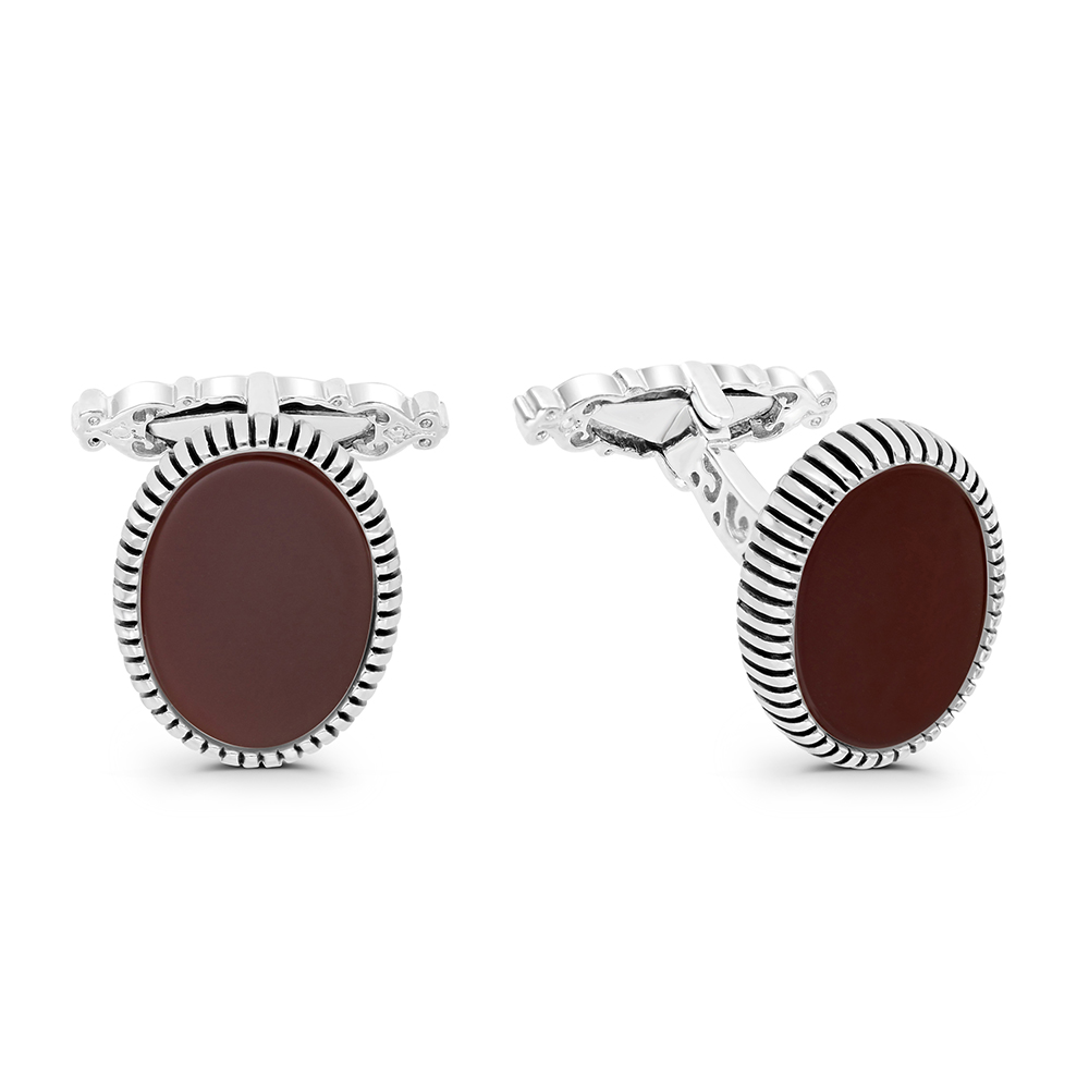 Sterling Silver 925 Cufflink Rhodium And Black Plated Embedded With Red Agate