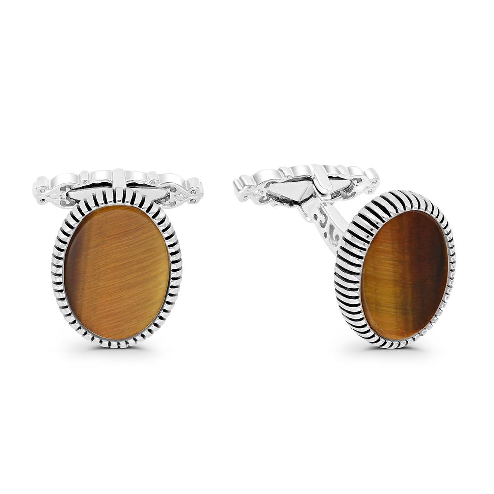 Sterling Silver 925 Cufflink Rhodium And Black Plated Embedded With Yellow Tiger Eye