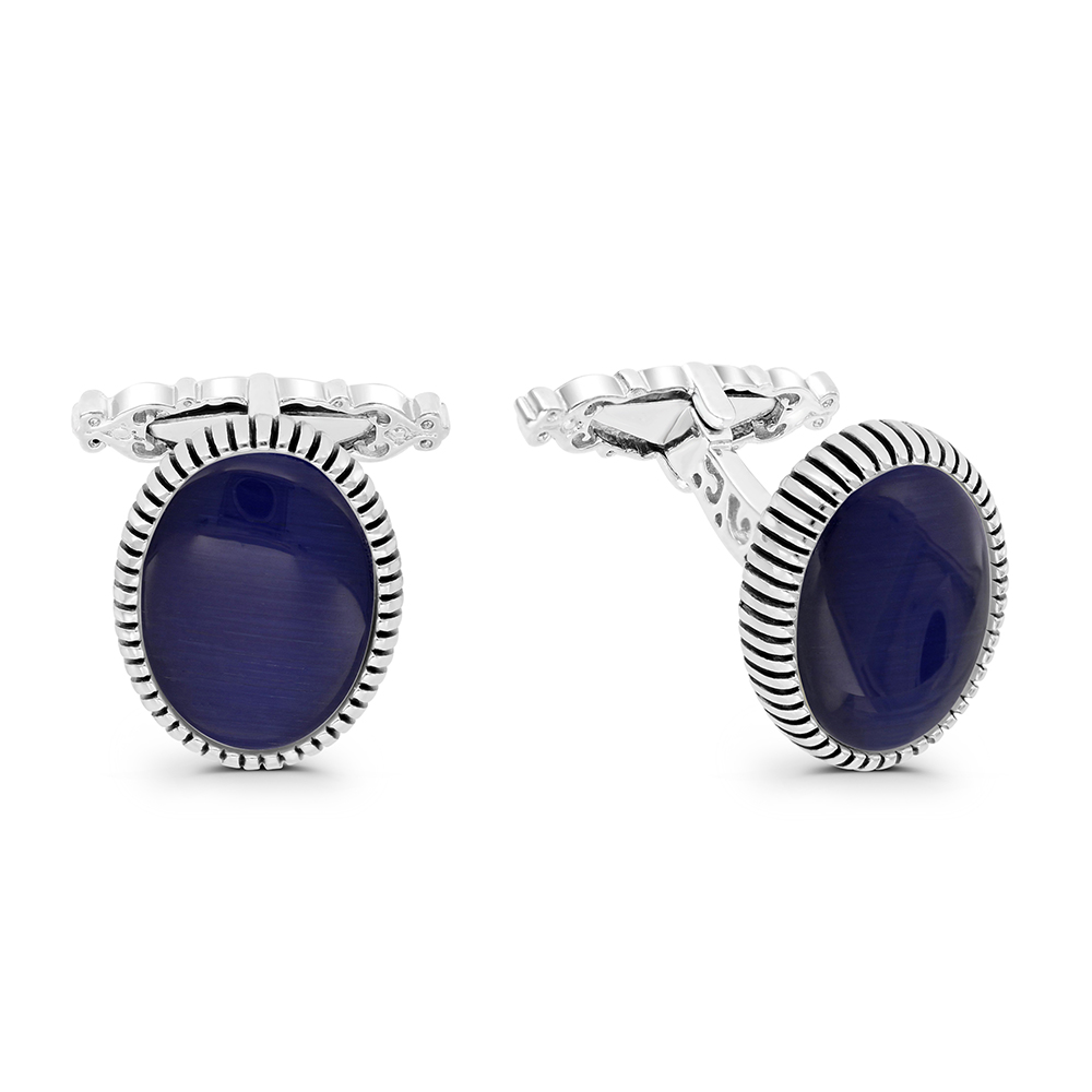 Sterling Silver 925 Cufflink Rhodium And Black Plated Embedded With Blue Tiger Eye