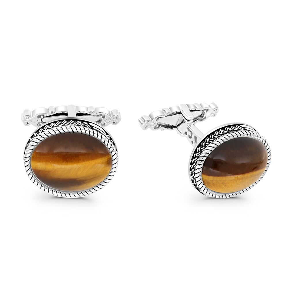 Sterling Silver 925 Cufflink Rhodium And Black Plated Embedded With Yellow Tiger Eye