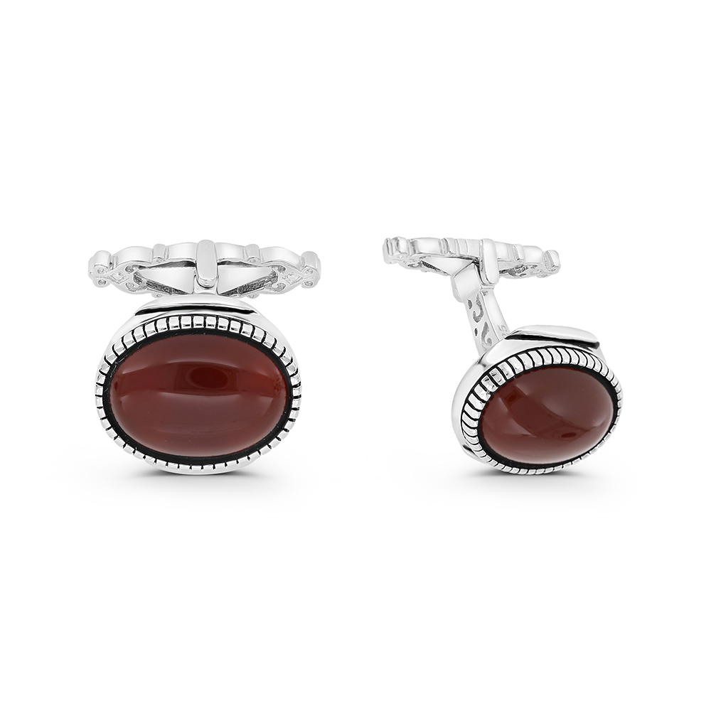 Sterling Silver 925 Cufflink Rhodium And Black Plated Embedded With Red Agate