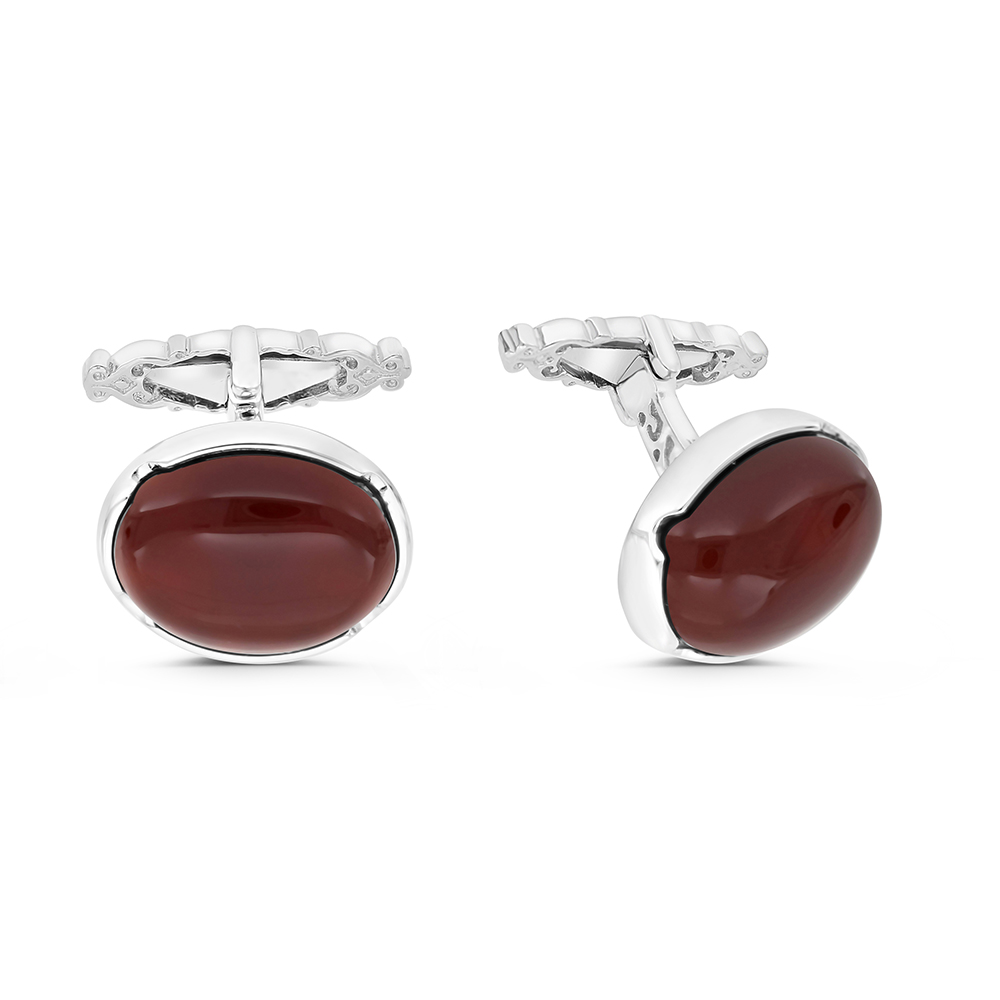 Sterling Silver 925 Cufflink Rhodium And Black Plated Embedded With Red Agate