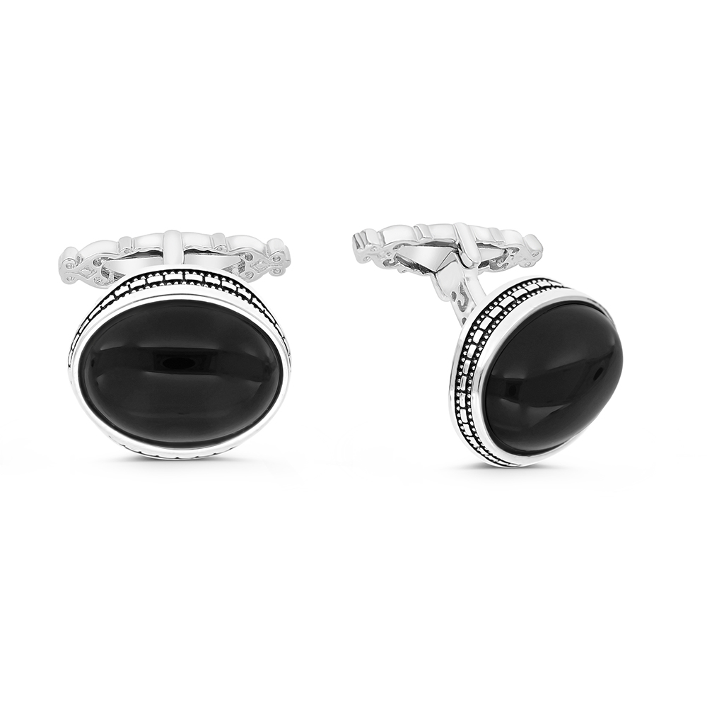 Sterling Silver 925 Cufflink Rhodium And Black Plated Embedded With Black Agate