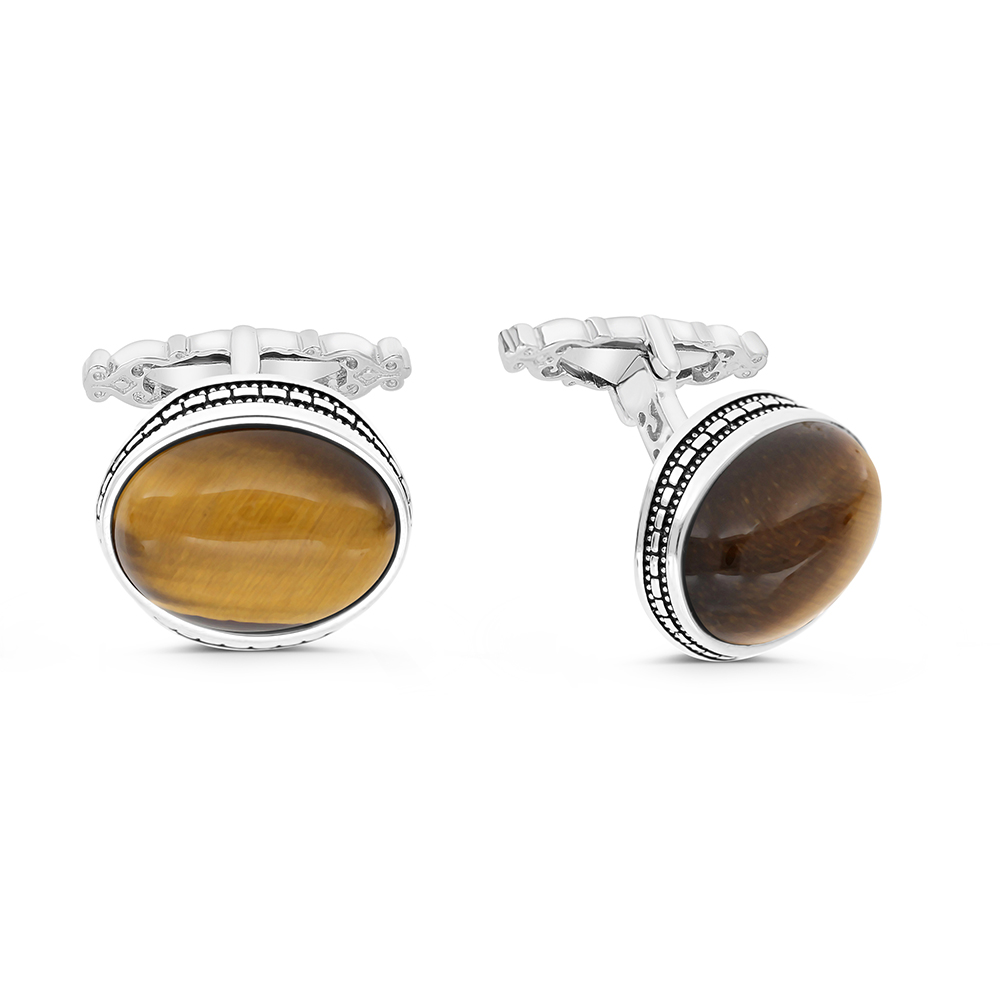 Sterling Silver 925 Cufflink Rhodium And Black Plated Embedded With Yellow Tiger Eye