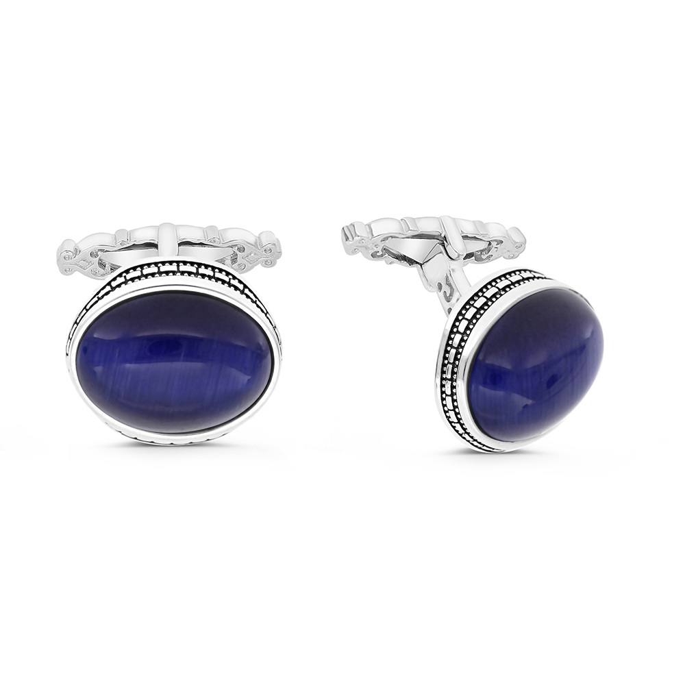 Sterling Silver 925 Cufflink Rhodium And Black Plated Embedded With Blue Tiger Eye