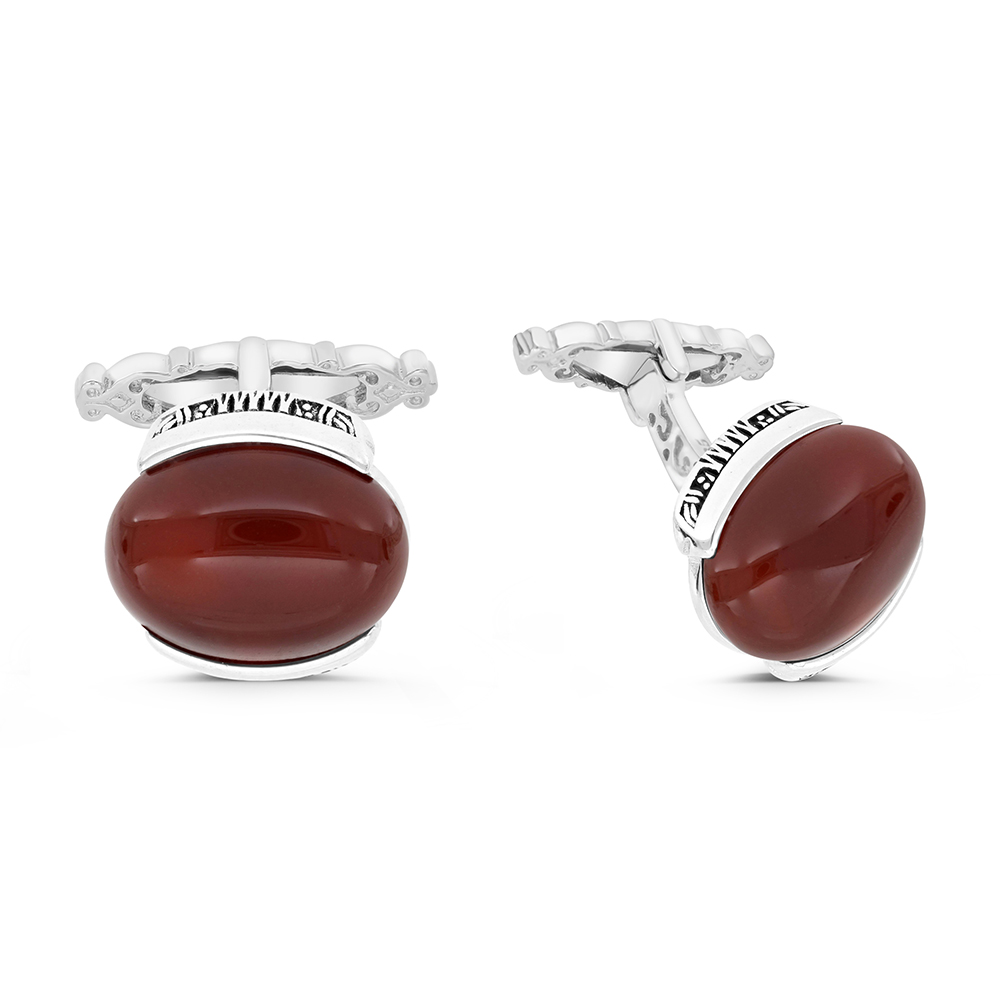 Sterling Silver 925 Cufflink Rhodium And Black Plated Embedded With Red Agate