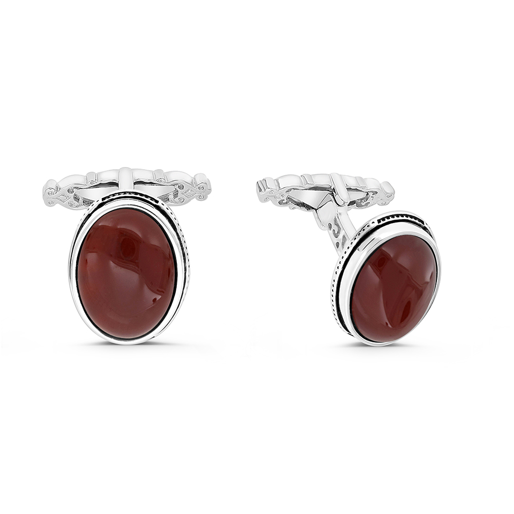 Sterling Silver 925 Cufflink Rhodium And Black Plated Embedded With Red Agate