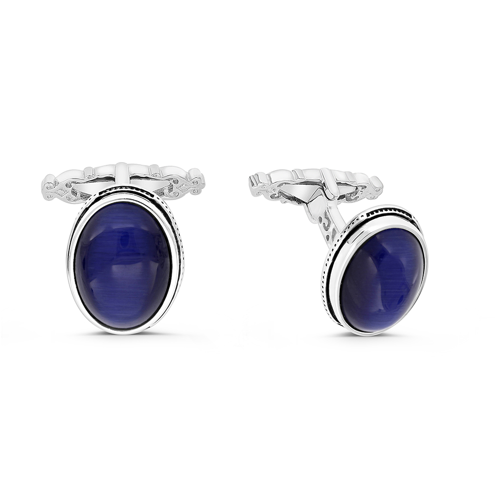 Sterling Silver 925 Cufflink Rhodium And Black Plated Embedded With Blue Tiger Eye