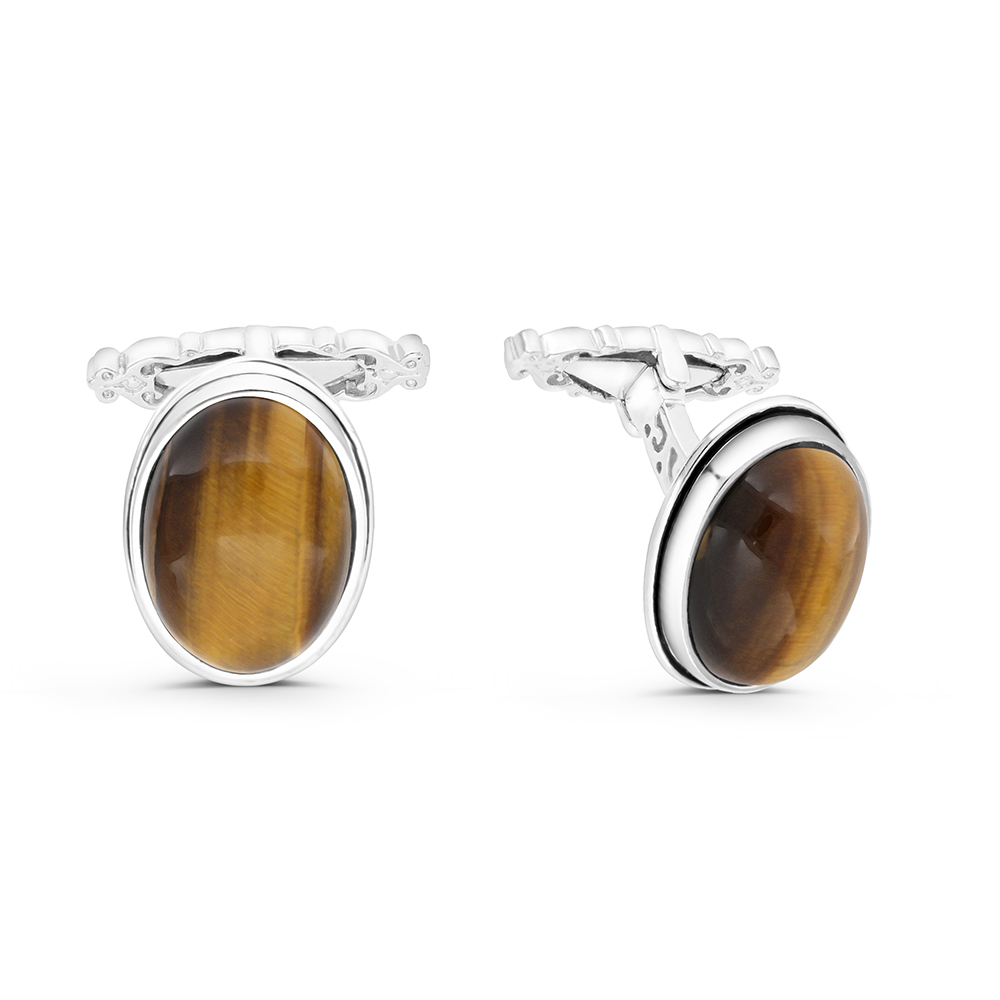 Sterling Silver 925 Cufflink Rhodium And Black Plated Embedded With Yellow Tiger Eye