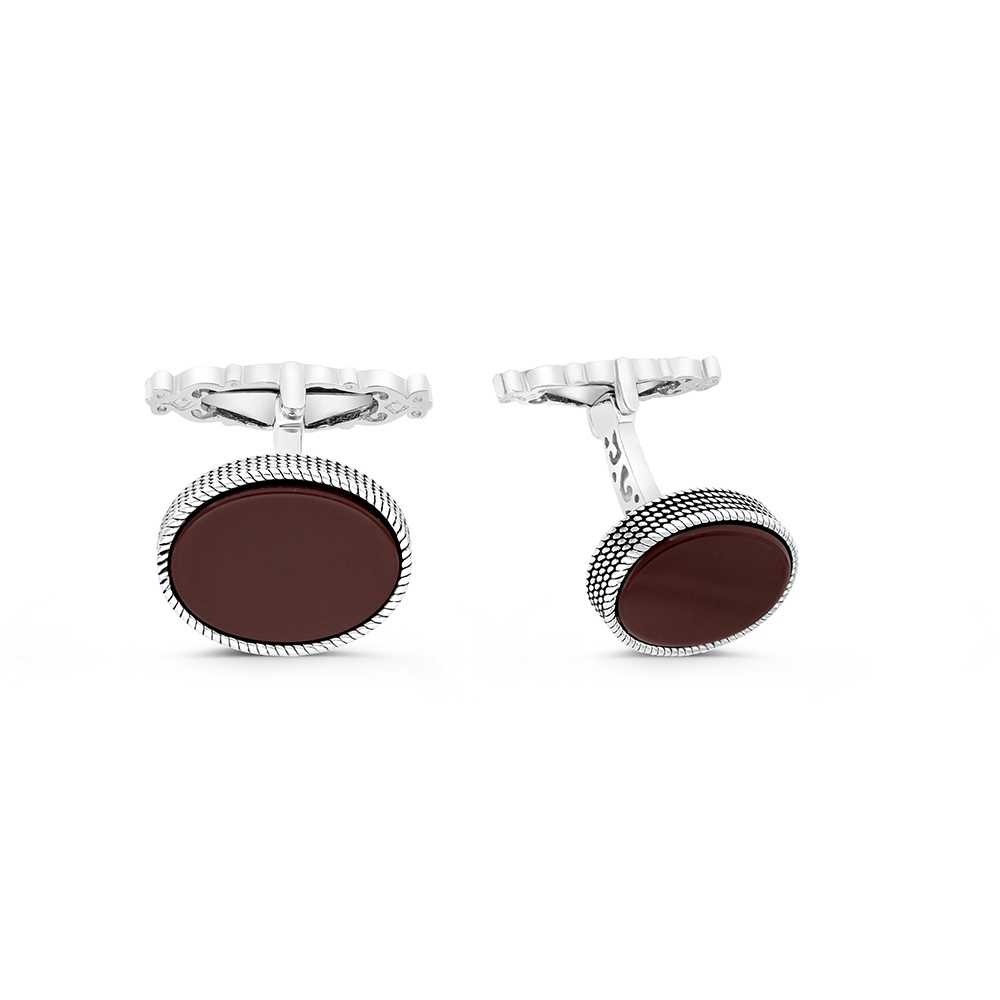 Sterling Silver 925 Cufflink Rhodium And Black Plated Embedded With Red Agate