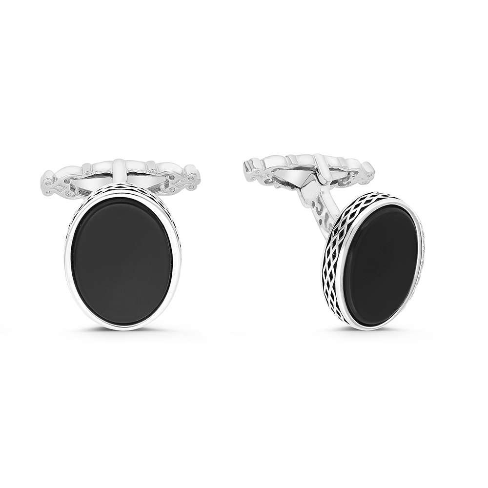 Sterling Silver 925 Cufflink Rhodium And Black Plated Embedded With Black Agate