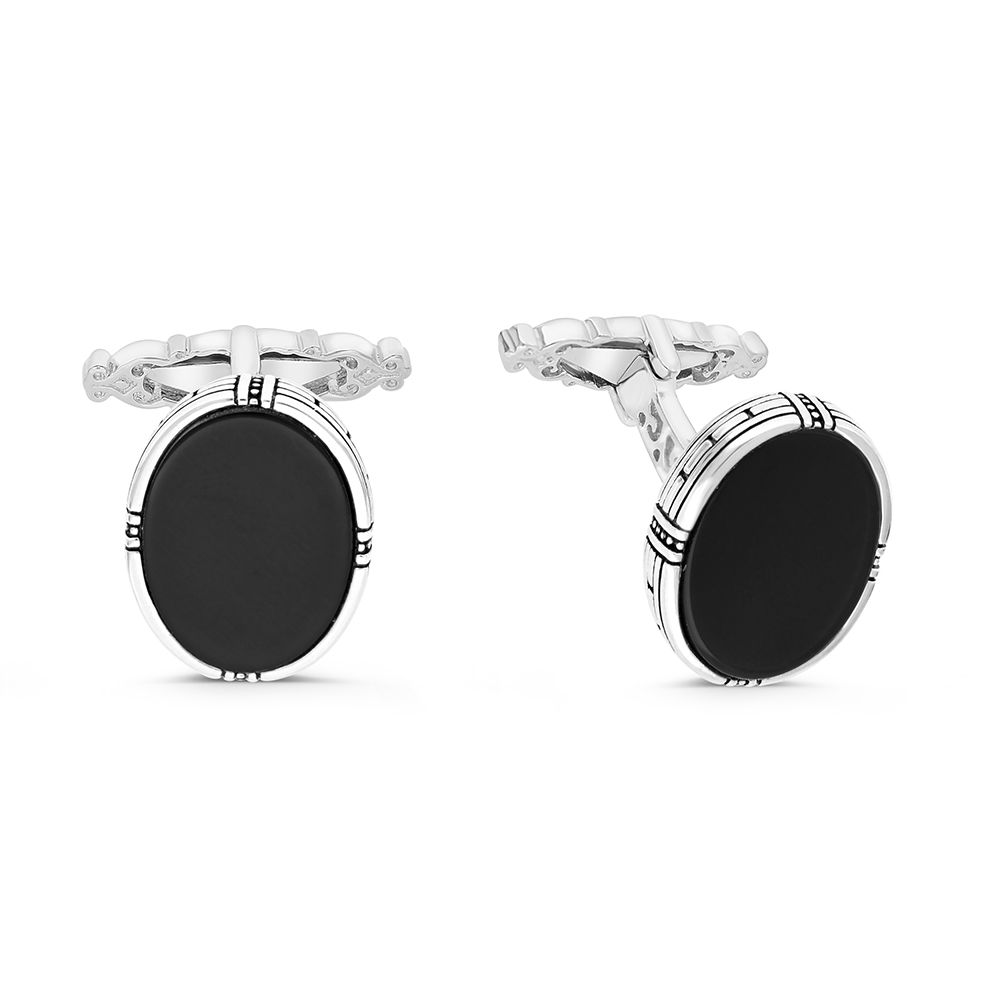 Sterling Silver 925 Cufflink Rhodium And Black Plated Embedded With Black Agate