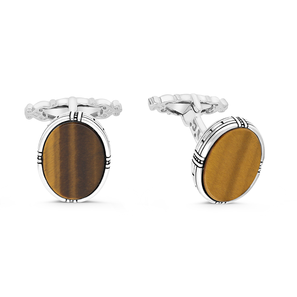 Sterling Silver 925 Cufflink Rhodium And Black Plated Embedded With Yellow Tiger Eye