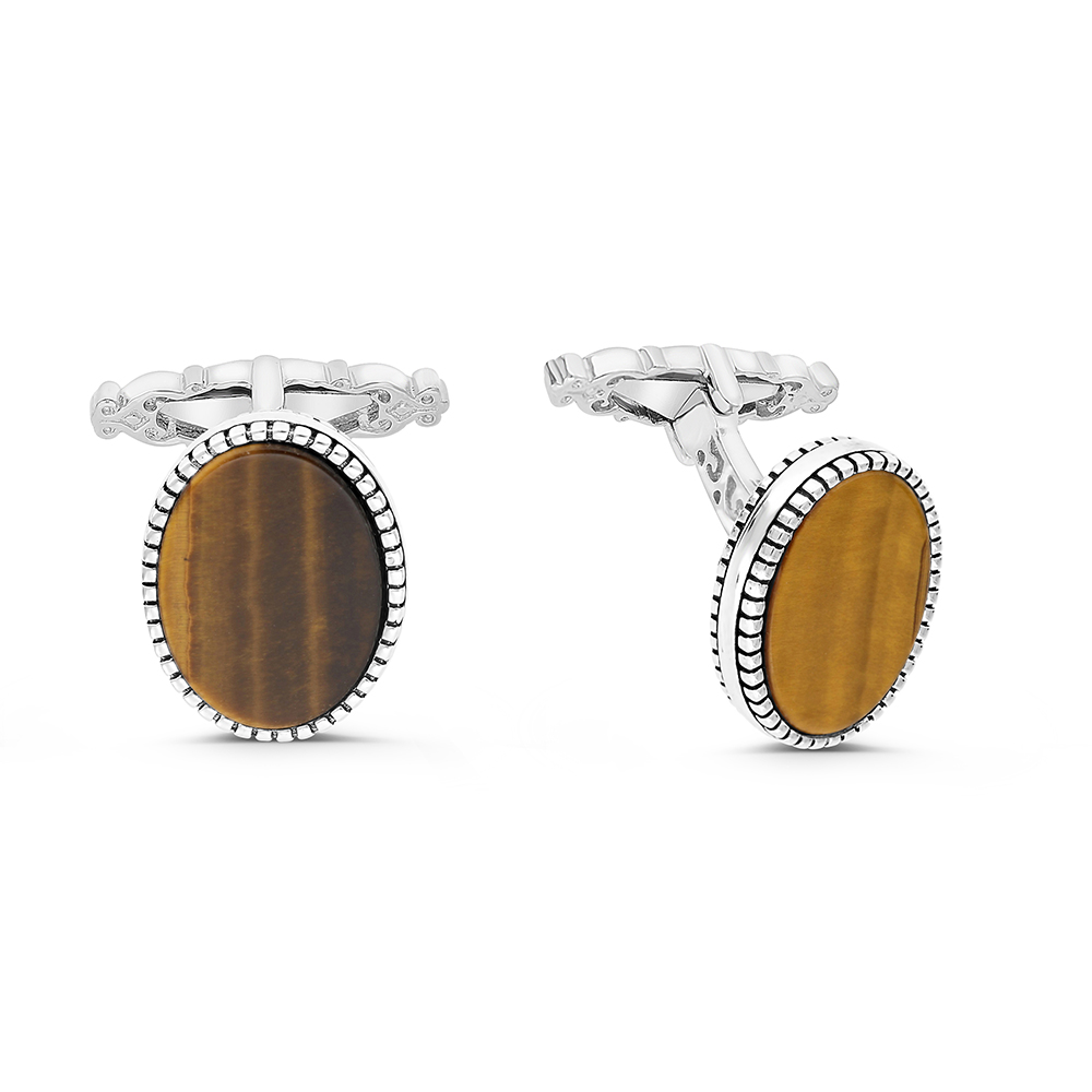 Sterling Silver 925 Cufflink Rhodium And Black Plated Embedded With Yellow Tiger Eye