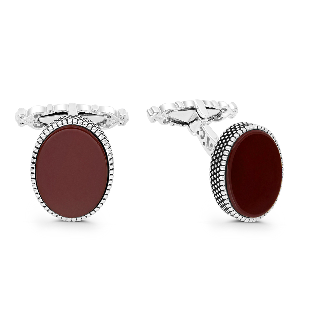 Sterling Silver 925 Cufflink Rhodium And Black Plated Embedded With Red Agate