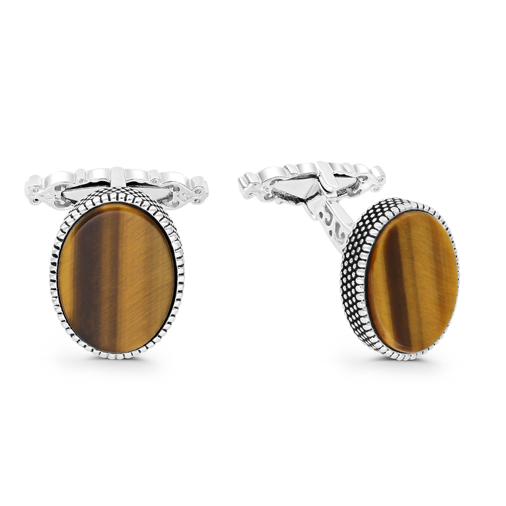 Sterling Silver 925 Cufflink Rhodium And Black Plated Embedded With Yellow Tiger Eye