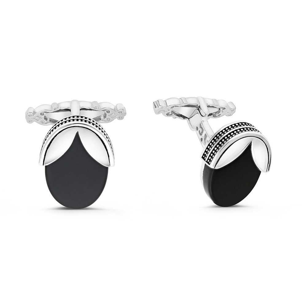 Sterling Silver 925 Cufflink Rhodium And Black Plated Embedded With Black Agate