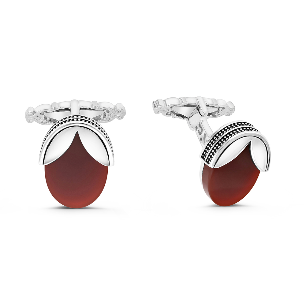 Sterling Silver 925 Cufflink Rhodium And Black Plated Embedded With Red Agate