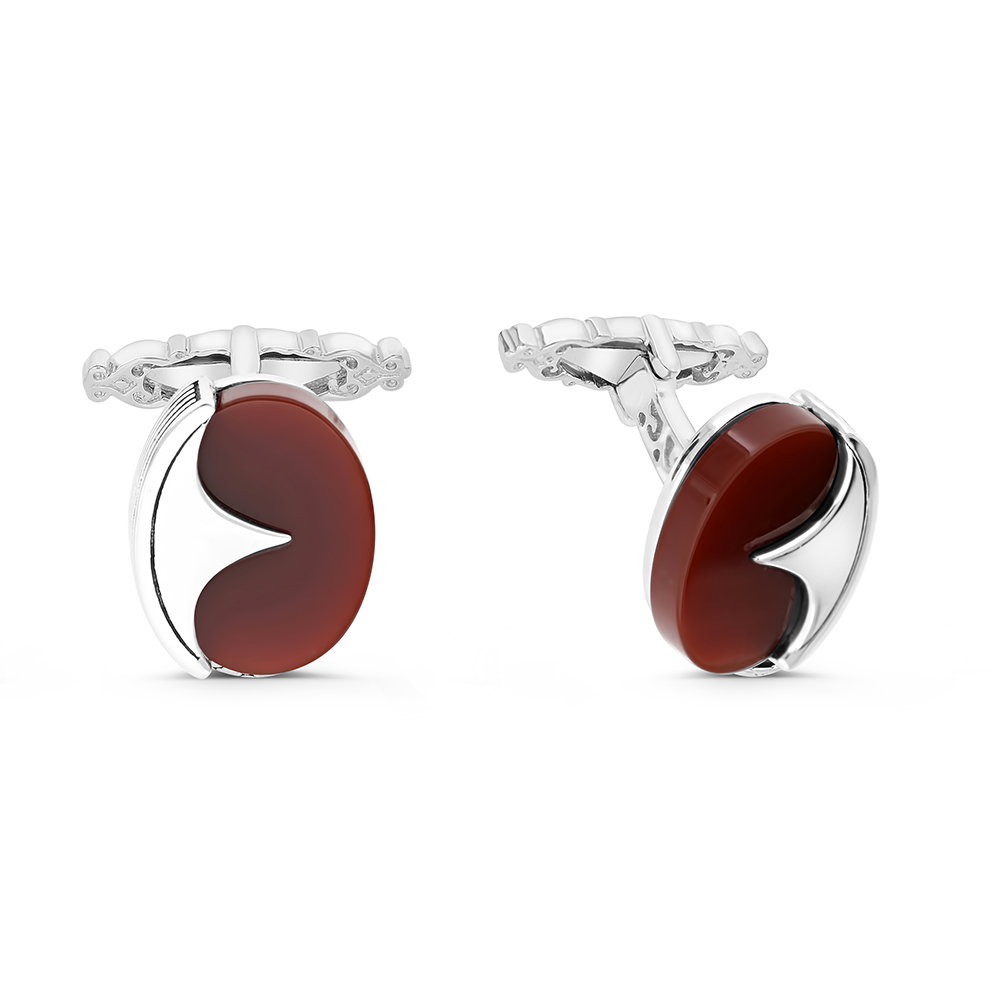 Sterling Silver 925 Cufflink Rhodium And Black Plated Embedded With Red Agate