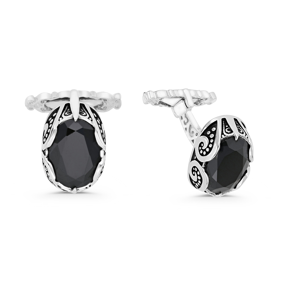 Sterling Silver 925 Cufflink Rhodium And Black Plated Embedded With Black Spinel Stone 