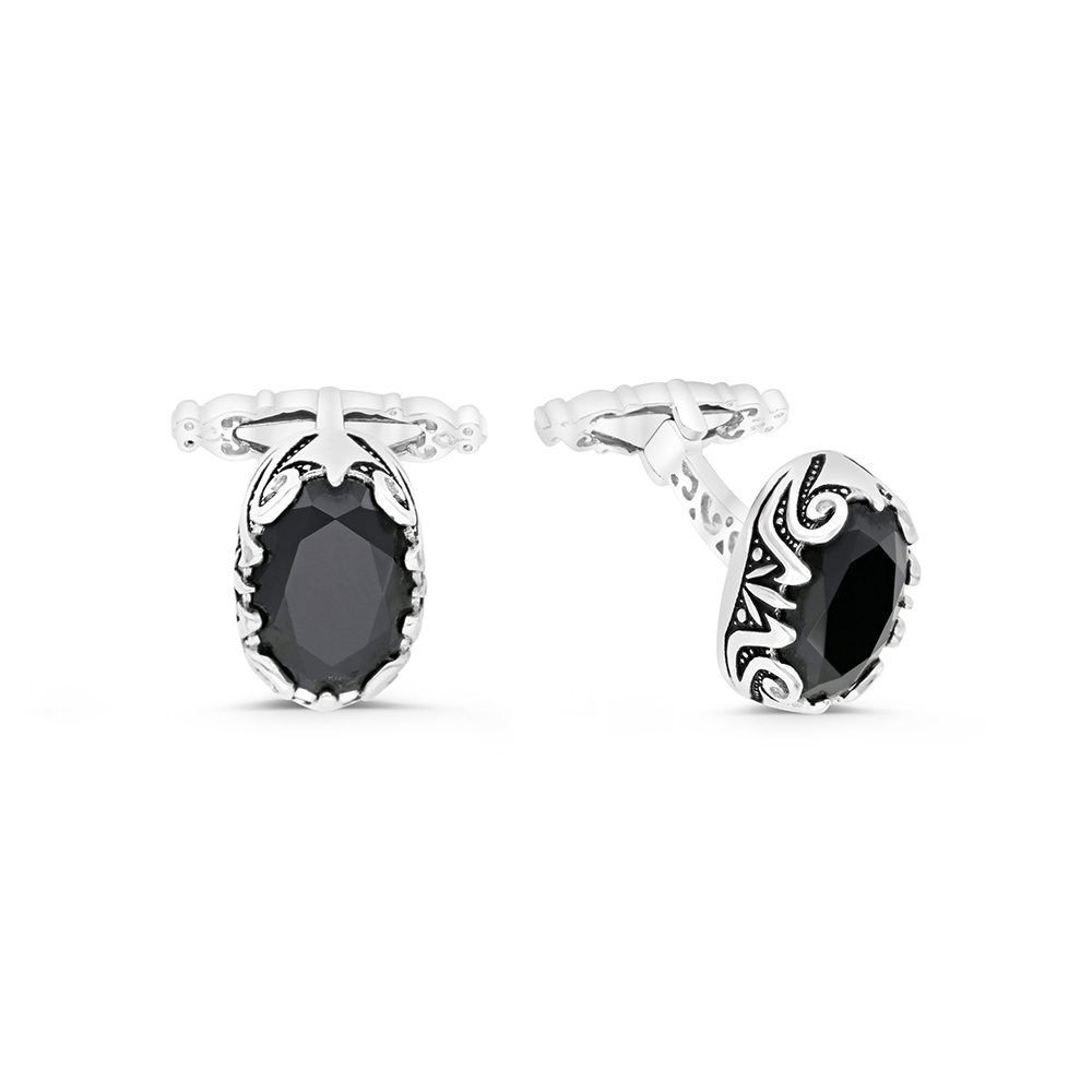 Sterling Silver 925 Cufflink Rhodium And Black Plated Embedded With Black Spinel Stone