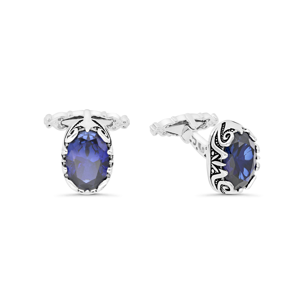 Sterling Silver 925 Cufflink Rhodium And Black Plated Embedded With Sapphire Corundum 